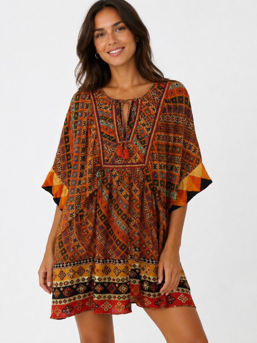 Tanvi Kedia Anthropologie Boho Geometric Print Tassel Mini Dress Size Small